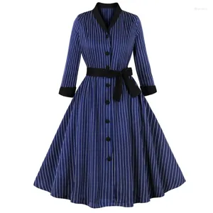 Повседневные платья модные полосатые темно-синее винтажное платье для женщин Осень Зимняя зимняя трех четвертя