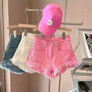 Spicy girl denim shorts with hot pants Mid waist casual fringed summer macaron candy color Casual Wideleg Jeans Short Pants Y2k Streetwear