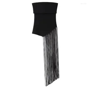 Frauen Tanks 2024 Fringing schwarzer Crop Top Frau Asymmetrisch von Schulterstrickinnen weibliche ärmellose sexy Tops Party Sommer