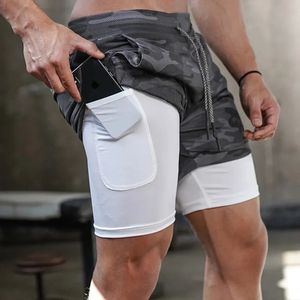 Pantaloncini da corsa uomini sportivi 2 in 1 pantaloni corti da jogging a compressione raddoppiateck palestra di formazione fitness sport 240416