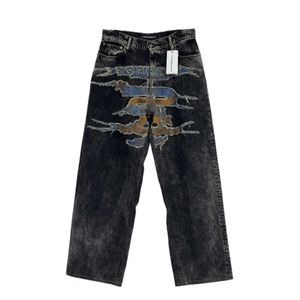Jeans masculinos Y/Project 23FW Mostrar jeans bordados de estilo bordado e danificado de cintura alta alta de cintura alta calças de perna reta