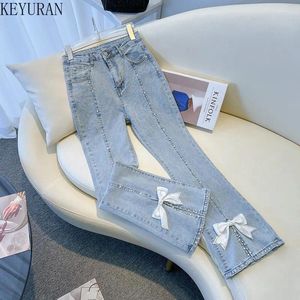 Women's Jeans High Waisted Women Slim Stretchy Vintage Korean Fashion Bow Diamonds Peals Beading Split Denim Flare Pants Woman Trousers