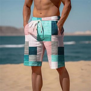 Shorts masculinos de verão de pocket string de gola elástica de cintura elástica em bloco de cores geométricas de maiô de coloração com revestimento com revestimento