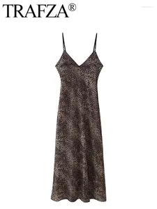 Casual Dresses TRAFZA 2024 Woman Fashion Leopard Pattern Printed Silk Texture Dress Slim Backless Sleeveless Halter Midi Long