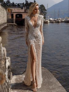 Champagne High Neck Open Back Sequined Mermaid Wedding Dresses Long Sleeve Appliques Lace Bridal Gowns Robe De Mariee