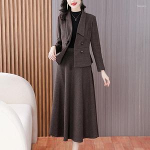 Casual Dresses Brown Striped Suit For Women 2024 Autumn-winter Woolen Small Fragrance Fashion Slim Dress