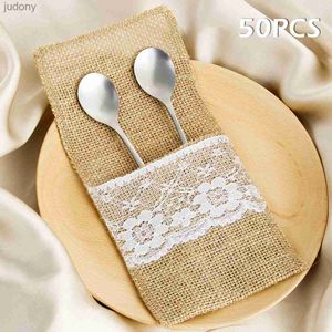 Disposable Plastic Tableware Natural Burlap Tableware Utensil holder lace silver holder bag linen knife and fork cutlery bag for wedding parties WX