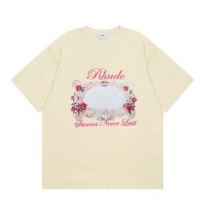 Rhude T-Shirt Tasarımcısı Tee Lüks Moda Erkek Tshirts Marka Rose Magic Mirror Saf Pamuk Gevşek Kısa Kısa Kollu Erkekler ve Kadınlar