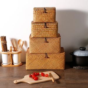 Handmade Seagrass Woven Storage Box Seaweed Finishing Basket with Lid Sundry Bath Cosmetic Towel Container 240415