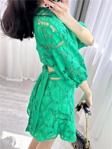Casual Dresses Green For Women Elegant Fresh 2024 Spring Style Temperament Short Backless Midje Hollow Hook Flower French Dress