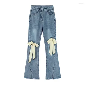 Kvinnors jeans flare byxor kvinnor vintage båge rippade ihåliga damer hög midja harajuku mode stretch ficka bred ben denim byxor