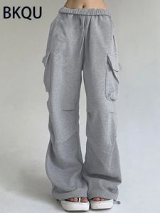 Bkqu 그레이 니트 포켓 제품 바지 여자 가을 하이 허리 스트레이트 넓은 다리 스포츠 바지 240423
