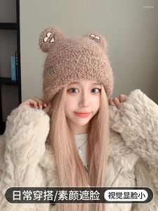 Berets Bear Ears Plush Beanies Hat Winter Cute Warm Thickened Knitted Cap Korean Sweet Versatile Ear Protection Women's Hats Present