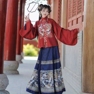 Ethnische Kleidung elegantes Hanfu-Damenkleid mit Pferdestand Kragen Maroon Hanfu Top + Pferd Faltenrock chinesischer Stil Kleidung