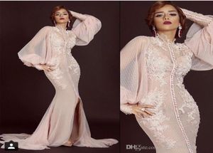 2019 New Mermaid Aptliques Front Slit Peach Prom Arabic Saudi Saudi Arabia Longlim Invined Dress Party Dresses0509366230