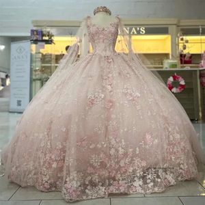 Pink Princess Sweetheart Ball Dress فستان Quinceanera مع Cape Heededshes 3Dflower Tull Party Vestidos de 15 Anos 0431