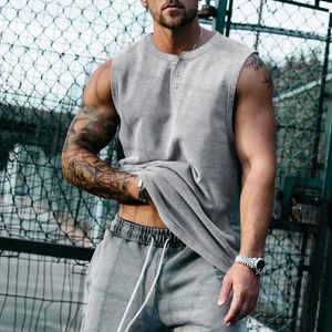 Men's Tank Tops Gym Fitness Men Clothing Vintage Solid Sports Vest Hoodies 2024 Sleeveless Camisole Mens Casual Buttoned O Neck