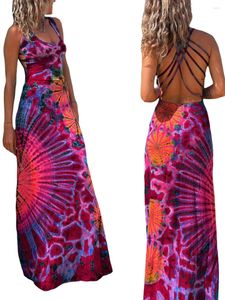 Sukienki swobodne kobiety y2k krawat barwnik długa sukienka seksowna bez rękawów otwarte plecy kolorowe maxi kwiatowy nadruk slip boho plażowy sundress