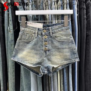 Jeans femminile retrò short in denim a petto singolo per donne 2024 estate sexy ragazza corta elastica pantaloni