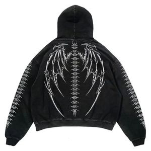 Harajuku Fashion Punk Rock Gothic Tops Y2K Hoodie Sweatshirt Hip Skull Wings Print Oversized Jacket Hip Hop Streetwear 240429