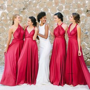 Red Convertible A Line Bridesmaid Dresses 2019 Backless Pleats Floor Length Maid Of Honor Gowns Wedding Guest Dress Custom Made 0430