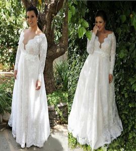 Full Lace Wedding Dresses Plus Size Long Sleeve Deep V Neck Empire High WaistLine Floor Length Bridal Gowns Custom Size1643391