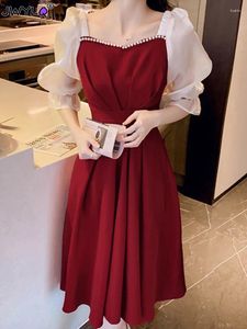 Casual Dresses Summer Women's French Pearl Collar Midi Dress 2024 Korean Ladies Gracieful Evening Party Patchwork Red Gown Slim midja Sexig