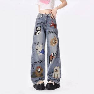 Jeans de jeans estampados de graffiti para mulheres com um senso de design de nicho American High Waist