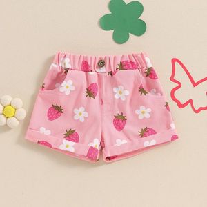 Shorts 0-4T Fashion Toddler Baby Girls Denim Summer Elastic Waist Strawberry Floral Print Jean med fickor