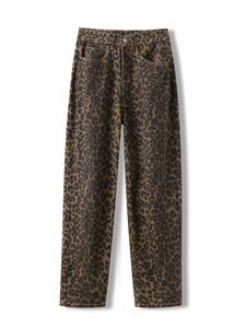 Y2K Leopard Print Jeans Women High Phecled Cerean على نطاق واسع الساق سراويل الشارع الشارع الشجاع الفضفاض