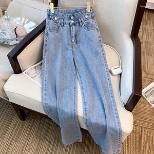 Jeans femininos Cintura alta direta para mulheres de verão cor sólida calça fina de jeans casual solta calças de perna larga fêmea