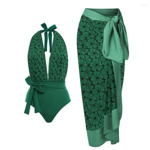 Women's Swimwear Green Fashion Petal Tie One Piece Swimsuits Halter Sexy Deep-v Lacing Up Slim Bikinis Female Summer Beach Wear Backless