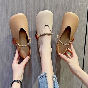 Casual Shoes Harajuku Style Retro Flats Woman Mary Jane V Neck Mom Straped Button Designer Loafer Square Toe Wide Leg Moccasins