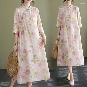 Ubranie etniczne 2024 Chińska ulepszona sukienka qipao vintage Tradycyjna bawełniana lniana cheongsam narodowa kwiat folk luz luźne