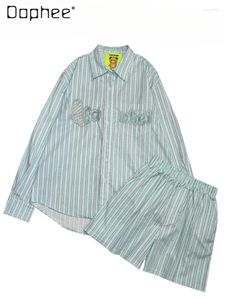 Damen -Tracksanzuiten Koreaner loser lässiger Shorts Anzug sammeln stripte Farbbriefe Stickhemd und 2 -Stück -Sets Frauen Outfits