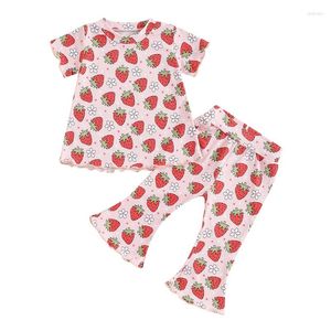 Set di abbigliamento per bambine outfit a coste con stampa rotonda top maniche a maniche corte elastico pantaloni bagliori per bambini estate