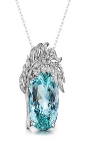 Micro Inlay Feather Dove Egg Aquamarine Pendant lyxig dominerande färgglada smycken Diamond Sky Blue Topaz Necklace8656741