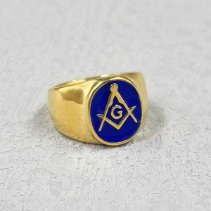 Полоса кольца Blue Ag из нержавеющей стали RMEN Vintage Gold Mens Hip Hop Rock Mens Ring Vintage No Mason Freemason Punk Jewelry J240429