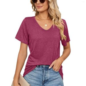 Kadın Tişörtleri İlkbahar/Yaz Kısa Kollu V yakalı Fırralı Düz ​​Renk Gevşek T-Shirt Üst