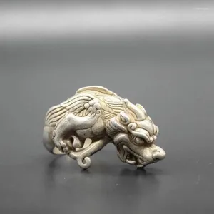 Decorative Figurines Chinese Tibet Silver Carving Dragon Statue Ring Old Decoration Gift Collection