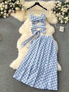 Singreiny Chic Vacation Plaid2ピーススーツ包帯ストラップセクシーなトップセラスティックウエストスカートファッショントレンディストリートセット240415