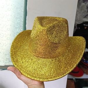 Atacado de chapéu de cowboy ocidental de seda dourada para feminino chapéu de lã para homens e festas femininas 240430