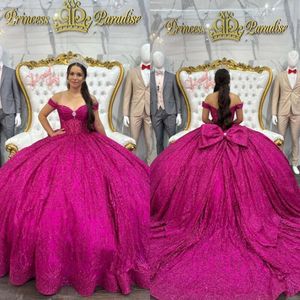 Off Ball Shoulder Pink Princess Dresses Gown Glitter Sequins Vestido De Quinceanera Bow Knot Sweet 15 Masquerade Dress