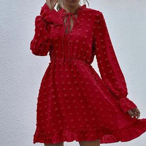 Casual Dresses Women's V Neck Long Sleeve Jacquard Puffed Ruffled Chiffon Dress