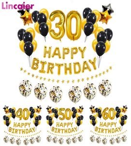 37pcs Gold Black Número 16 18 21 25 30 40 50 60 anos Balões de feliz aniversário da festa de feliz aniversário Man 30th 40th 50th 60th 26520050