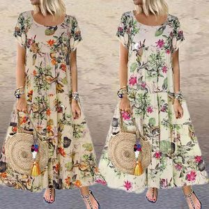 Kobiety duży rozmiar vintage bawełniany bawełniany print kwiatowy Summer Sukienka z krótkim rękawem 2355