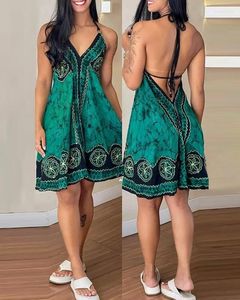 Casual Dresses Women's Beach Dress Floral Tie Dye Print Halter Backless Detail Mini 2024 Vår/sommar senaste semester Kort kjol