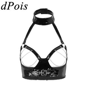 Sexiga skördetoppar för kvinnor Erotiska underkläder Wetlook Black Pu Leather Latex Bra Hollow Out Byst Metal Chain Tassel Dance Bras Top 240m