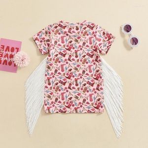 Flicka klänningar småbarn baby western klädko tryck t-shirt klänning kort ärm fransar tassel boho sommardräkt