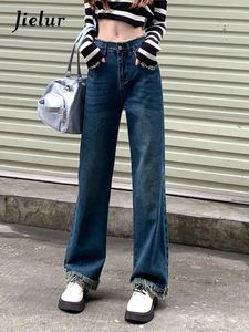 Женские джинсы бахроны для женщин синей высокой талию с прямой широкой штаны уличная джинсовая ткань мода свободная уютная женщина